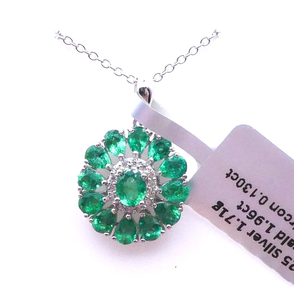 Sparkle Gems Green Zambian Emerald Flower Halo Sterling Silver Necklace 20in